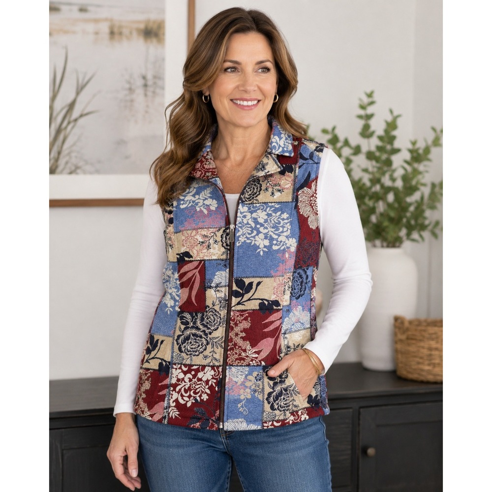 Vintage CJ Banks Floral Patchwork Tapestry Zip Vest Burgundy Blue Women X 14W